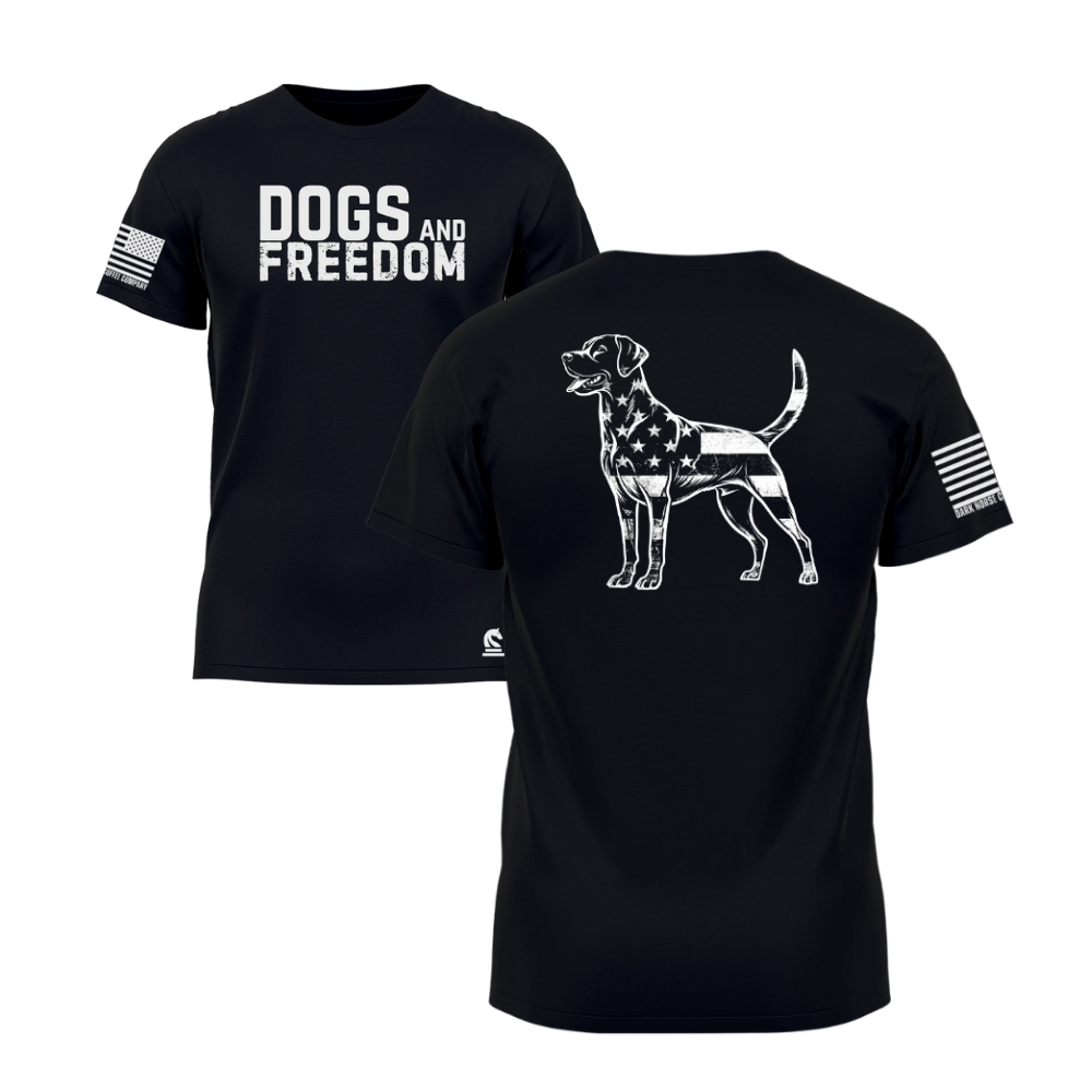 Dogs & Freedom Lab Black short sleeve tee — patriotic dog lover t-shirt designed and printed in Florida by an American-owned small business.