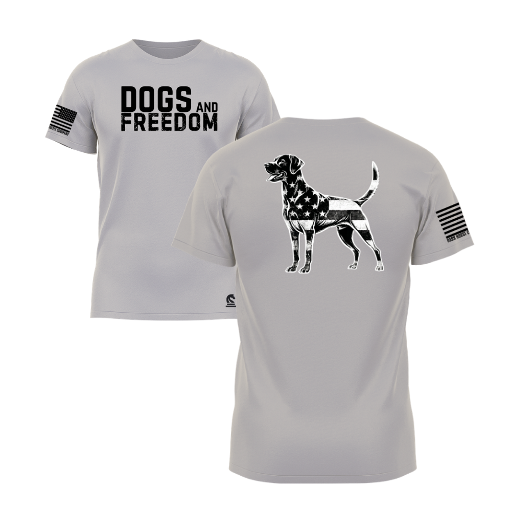 Dogs & Freedom Lab Light Grey short sleeve tee — patriotic dog lover t-shirt designed and printed in Florida by an American-owned small business.