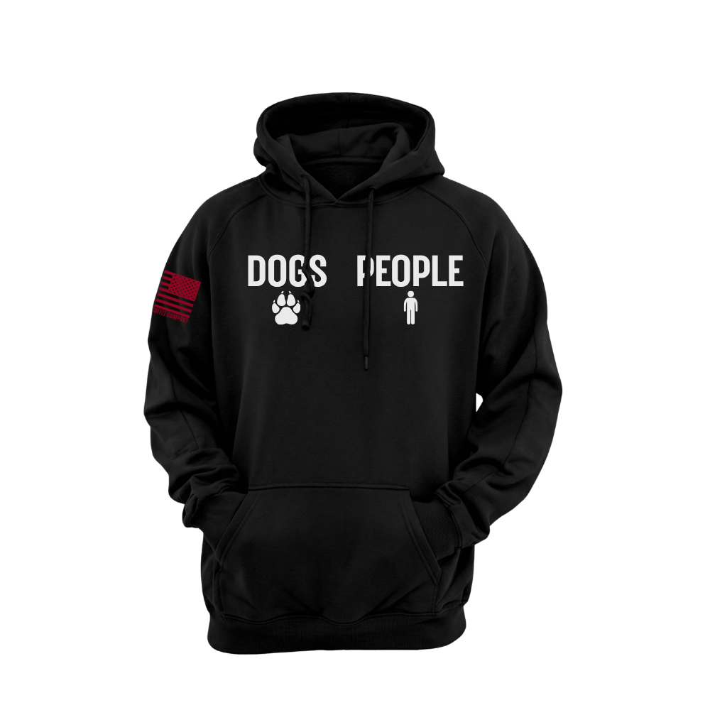 Dogs greater than People Black pullover hoodie featuring the Dogs > People design — heavyweight fleece, roomy hood, kangaroo pocket.