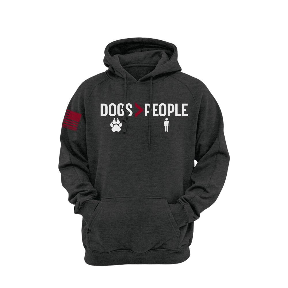 Dogs greater than People Charcoal Heather pullover hoodie featuring the Dogs > People design — heavyweight fleece, roomy hood, kangaroo pocket.