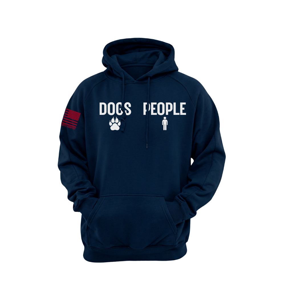 Dogs greater than People Midnight Navy pullover hoodie featuring the Dogs > People design — heavyweight fleece, roomy hood, kangaroo pocket.