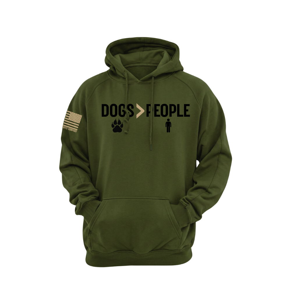 Dogs greater than People Military Green pullover hoodie featuring the Dogs > People design — heavyweight fleece, roomy hood, kangaroo pocket.