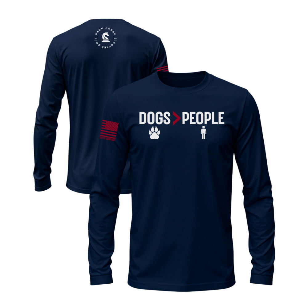 Dogs greater than People Midnight Navy long sleeve tee featuring the Dogs > People design — built for cooler walks and layering.
