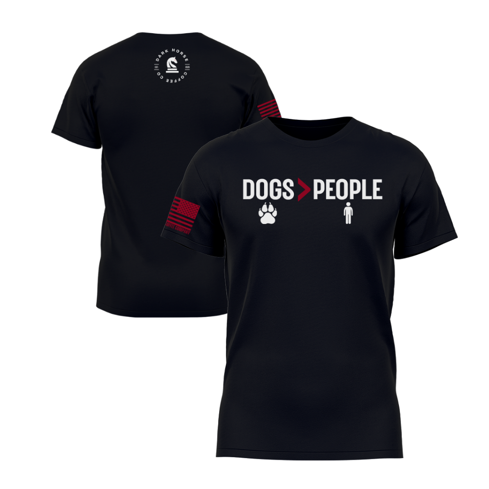 Dogs greater than People Black short sleeve tee featuring the Dogs > People design — a dog-lover statement piece for everyday wear.