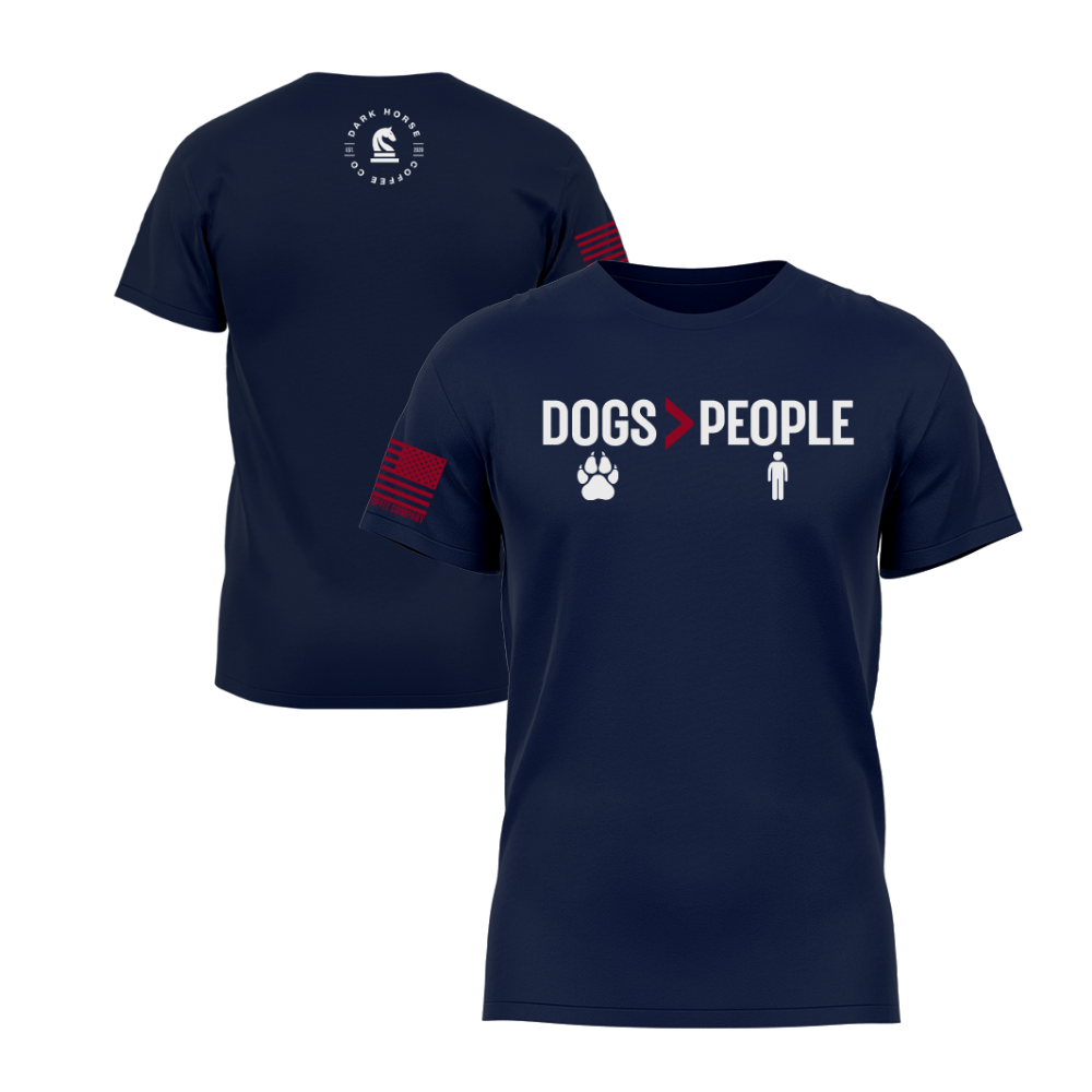 Dogs greater than People Midnight Navy short sleeve tee featuring the Dogs > People design — a dog-lover statement piece for everyday wear.