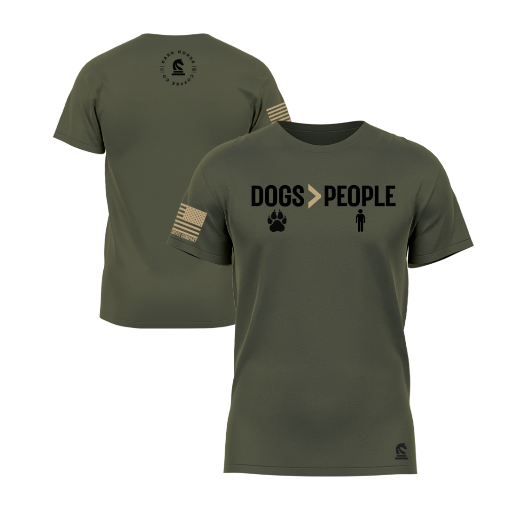 Dogs greater than People Military Green short sleeve tee featuring the Dogs > People design — a dog-lover statement piece for everyday wear.