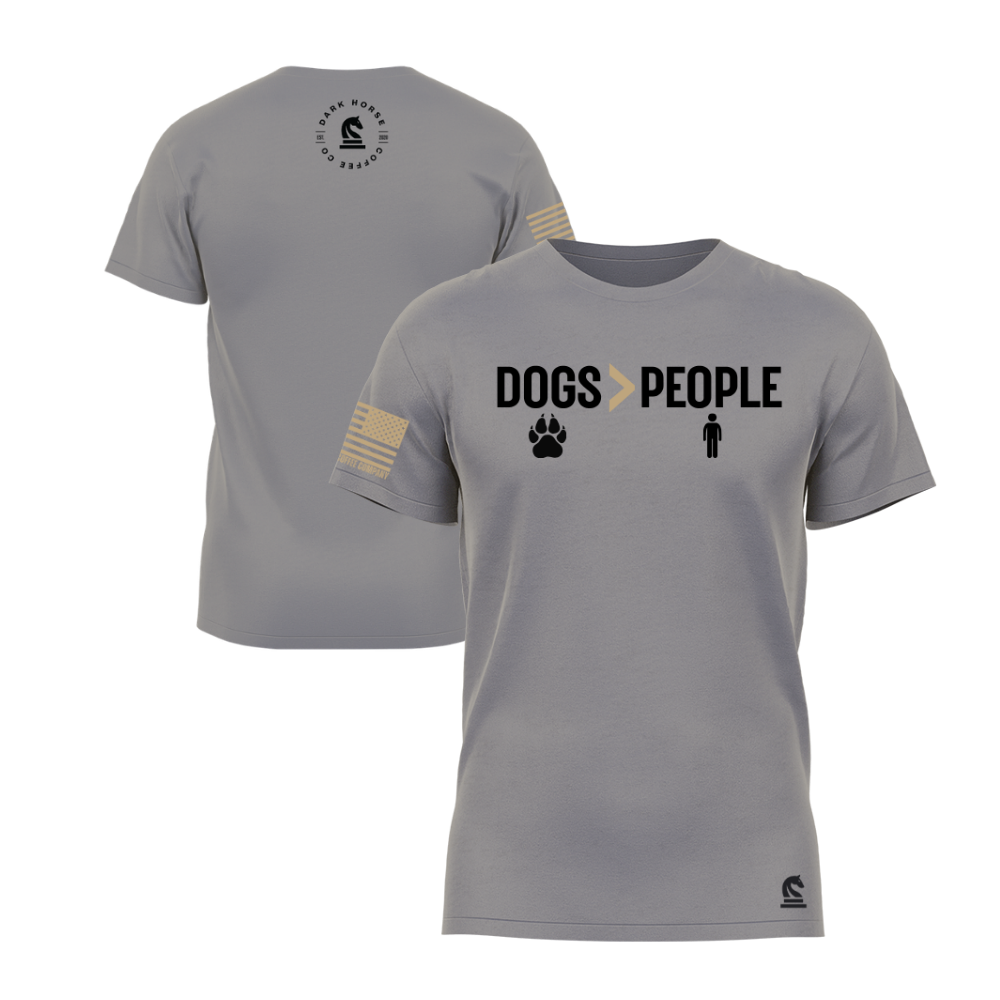 Dogs greater than People Warm Grey short sleeve tee featuring the Dogs > People design — a dog-lover statement piece for everyday wear.
