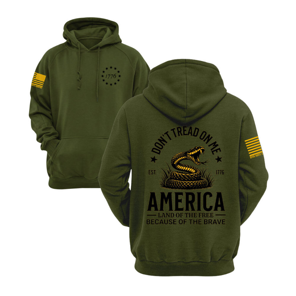 Don't Tread on Me Military Green pullover hoodie featuring the Don't Tread on Me design — designed and printed in Florida by an American-owned small business.