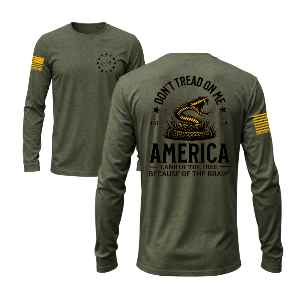 Don't Tread on Me Military Green long sleeve t-shirt featuring the Don't Tread on Me design — designed and printed in Florida by an American-owned small business.