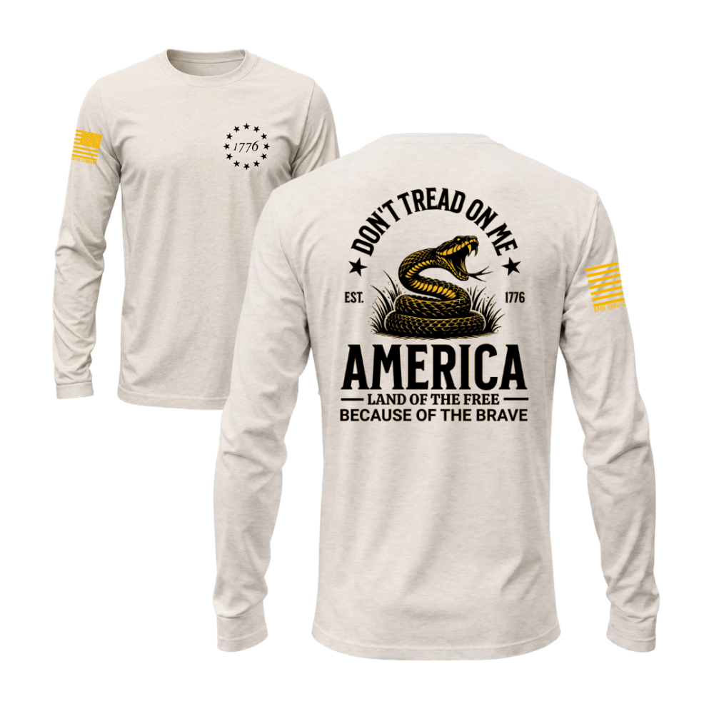 Don't Tread on Me Sand long sleeve t-shirt featuring the Don't Tread on Me design — designed and printed in Florida by an American-owned small business.