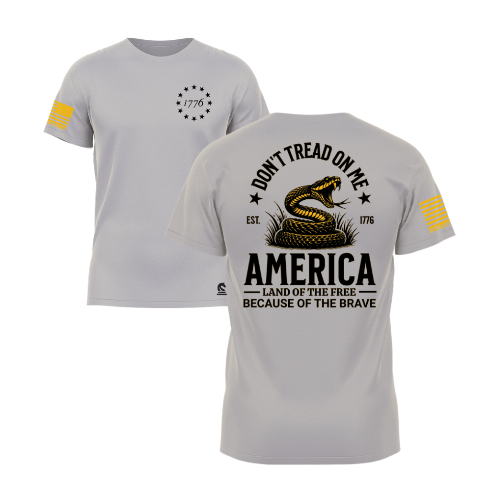 Don't Tread on Me Light Grey short sleeve t-shirt featuring the Don't Tread on Me design — designed and printed in Florida by an American-owned small business.