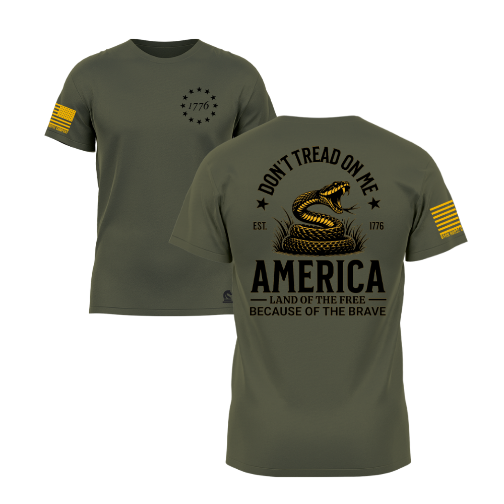 Don't Tread on Me Military Green short sleeve t-shirt featuring the Don't Tread on Me design — designed and printed in Florida by an American-owned small business.