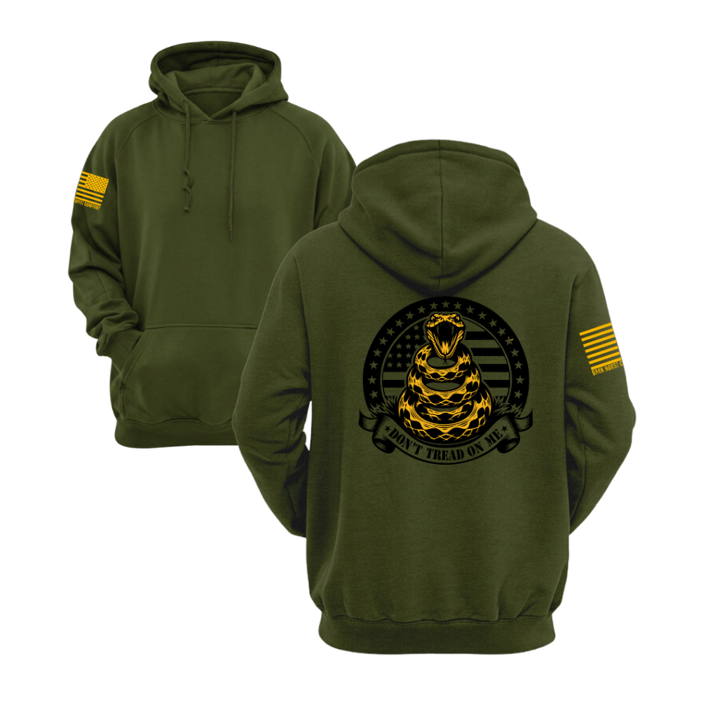 Don't Tread on Me Military Green pullover hoodie featuring the Don't Tread on Me design — designed and printed in Florida by an American-owned small business.