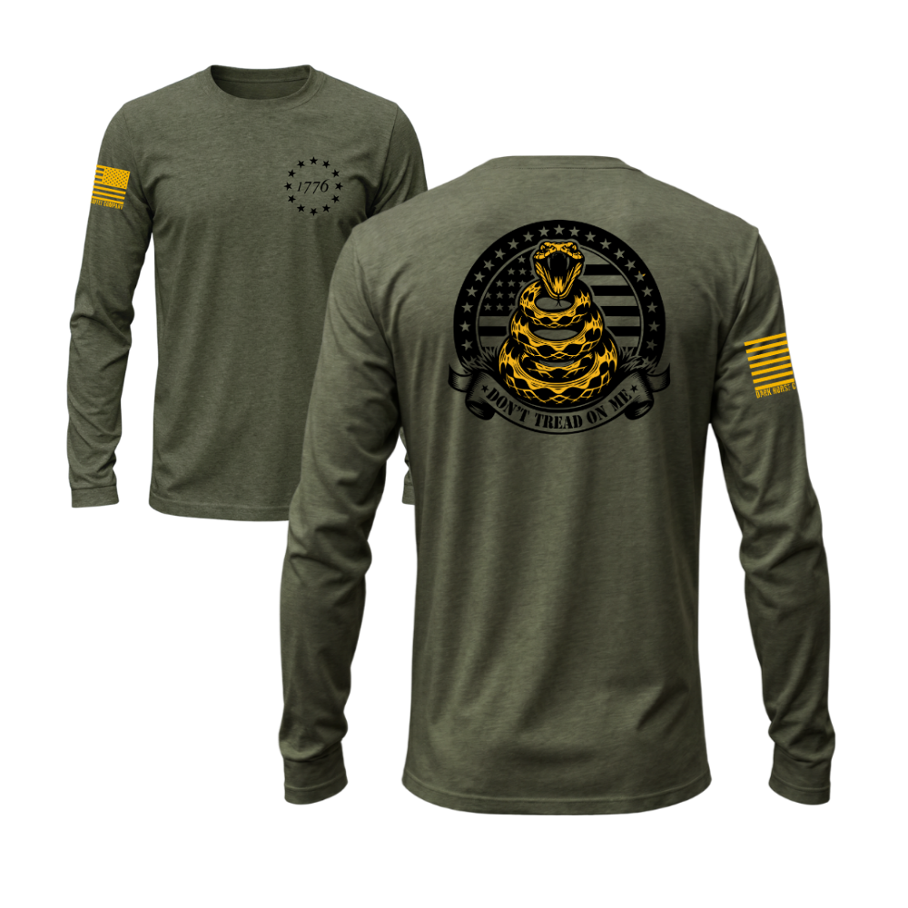 Don't Tread on Me Military Green long sleeve t-shirt featuring the Don't Tread on Me design — designed and printed in Florida by an American-owned small business.