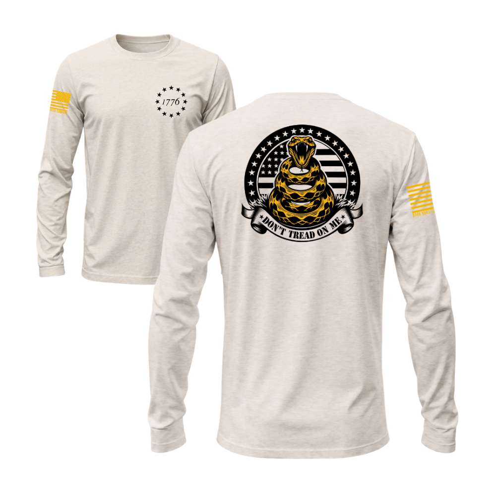 Don't Tread on Me Sand long sleeve t-shirt featuring the Don't Tread on Me design — designed and printed in Florida by an American-owned small business.