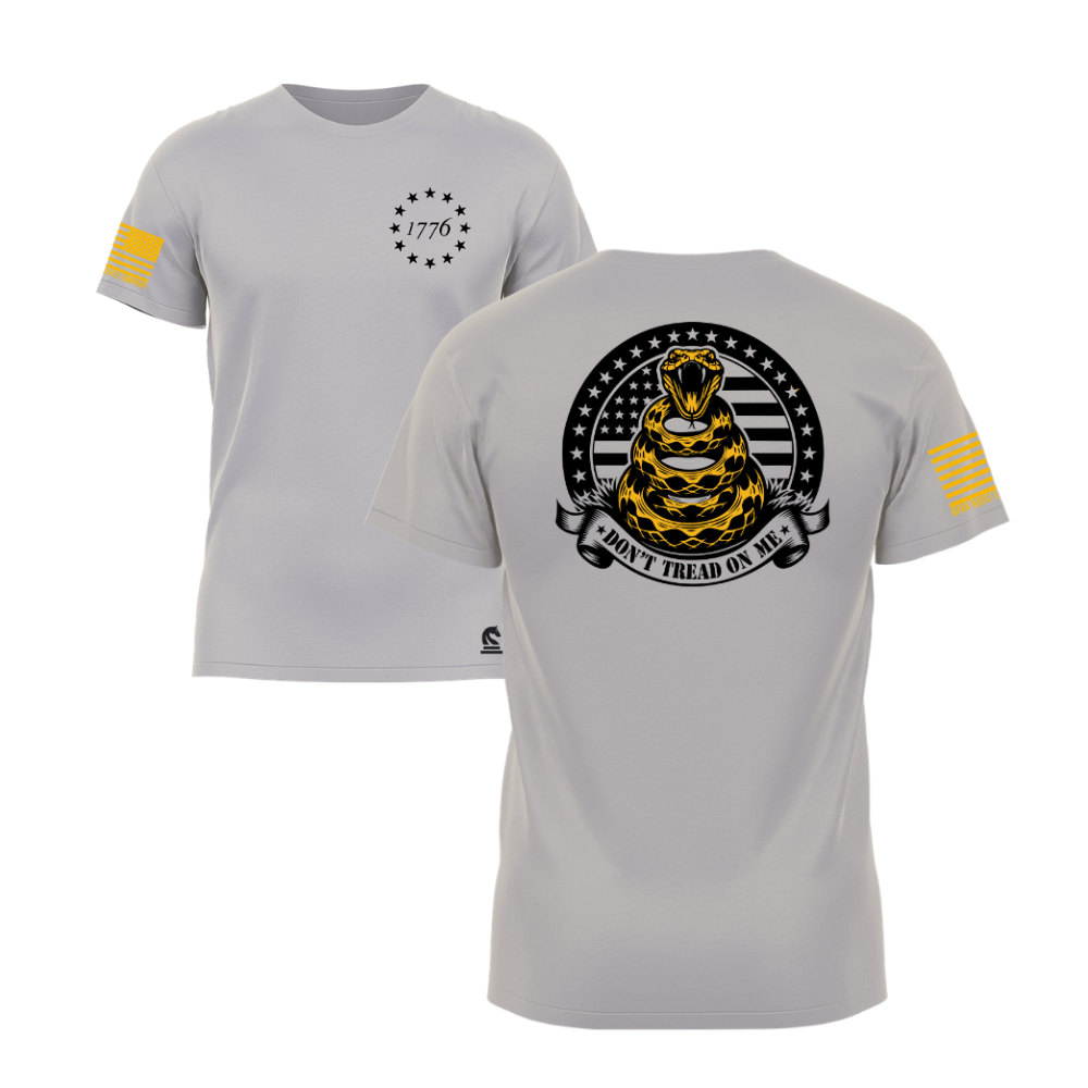 Don't Tread on Me Light Grey short sleeve t-shirt featuring the Don't Tread on Me design — designed and printed in Florida by an American-owned small business.