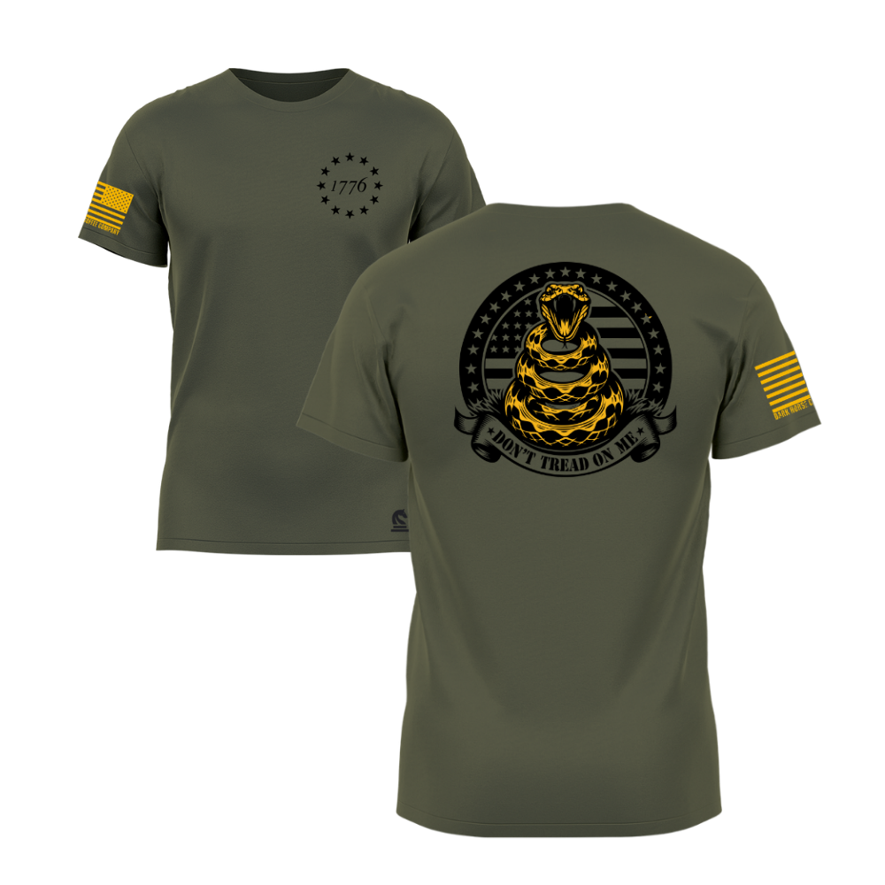 Don't Tread on Me Military Green short sleeve t-shirt featuring the Don't Tread on Me design — designed and printed in Florida by an American-owned small business.