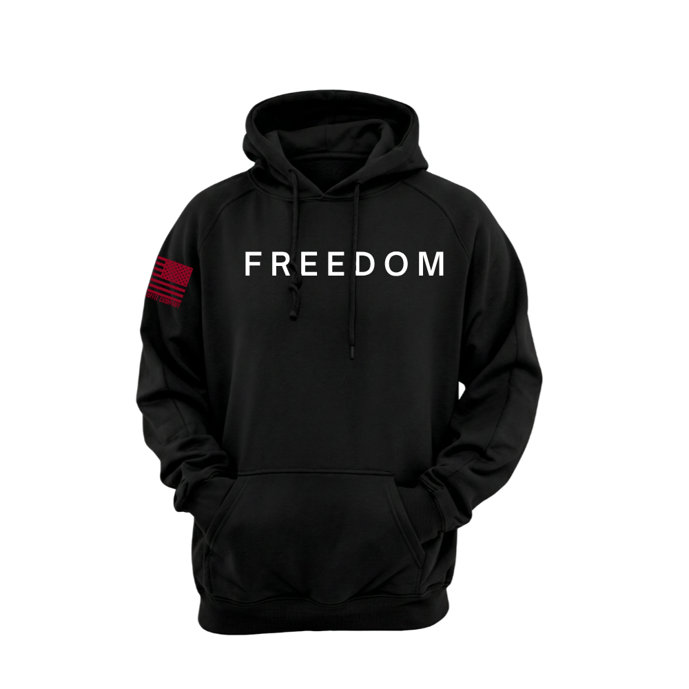 FREEDOM Black pullover hoodie featuring the FREEDOM design — designed and printed in Florida by an American-owned small business.