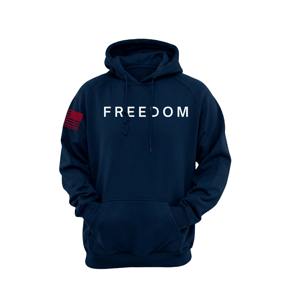 FREEDOM Midnight Navy pullover hoodie featuring the FREEDOM design — designed and printed in Florida by an American-owned small business.
