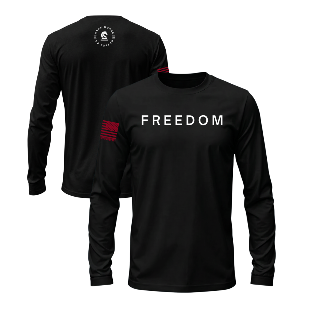 FREEDOM Black long sleeve t-shirt featuring the FREEDOM design — designed and printed in Florida by an American-owned small business.