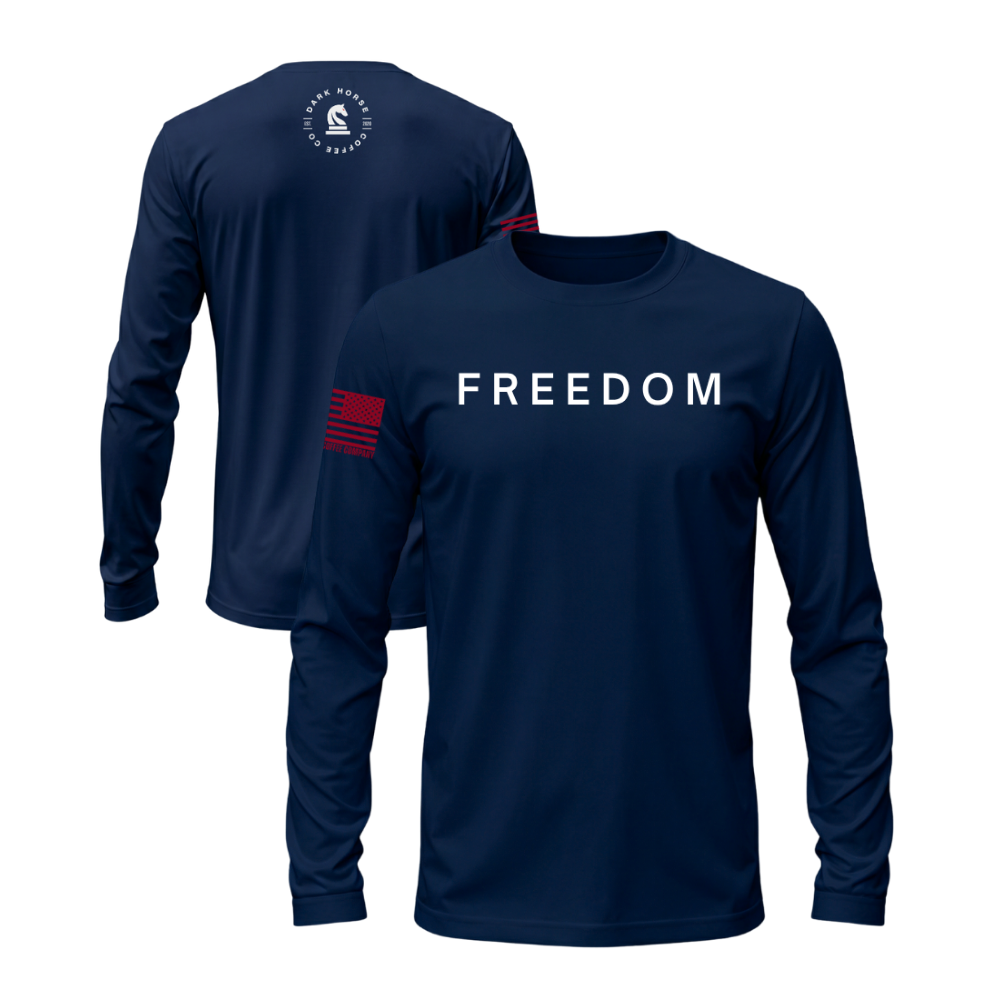 FREEDOM Midnight Navy long sleeve t-shirt featuring the FREEDOM design — designed and printed in Florida by an American-owned small business.