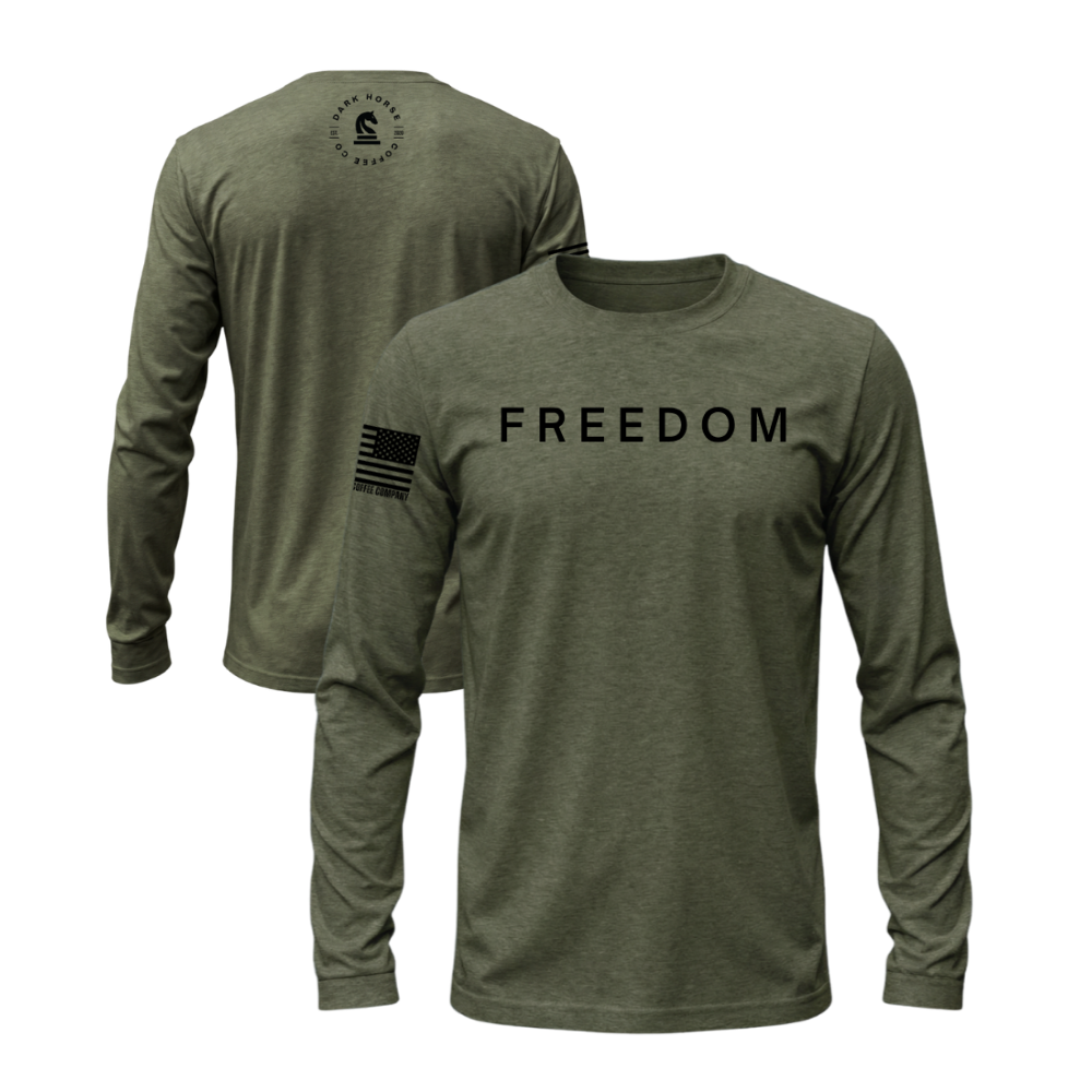 FREEDOM Military Green long sleeve t-shirt featuring the FREEDOM design — designed and printed in Florida by an American-owned small business.