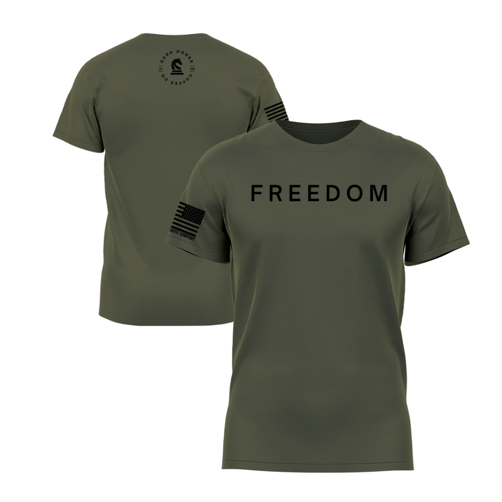 FREEDOM Military Green short sleeve t-shirt featuring the FREEDOM design — designed and printed in Florida by an American-owned small business.