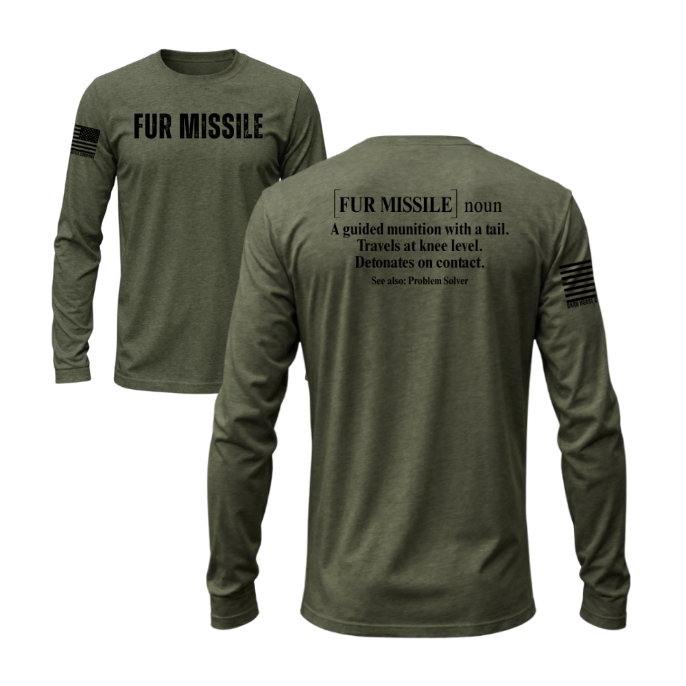 Fur Missile Military Green long sleeve tee featuring the Fur Missile design — built for cooler walks and layering.