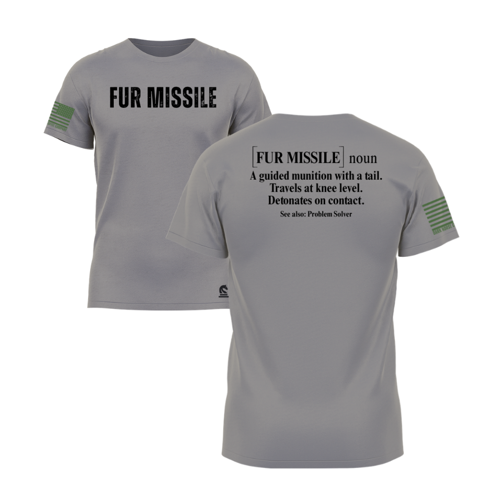 Fur Missile Warm Grey short sleeve tee featuring the Fur Missile design — a dog-lover statement piece for everyday wear.