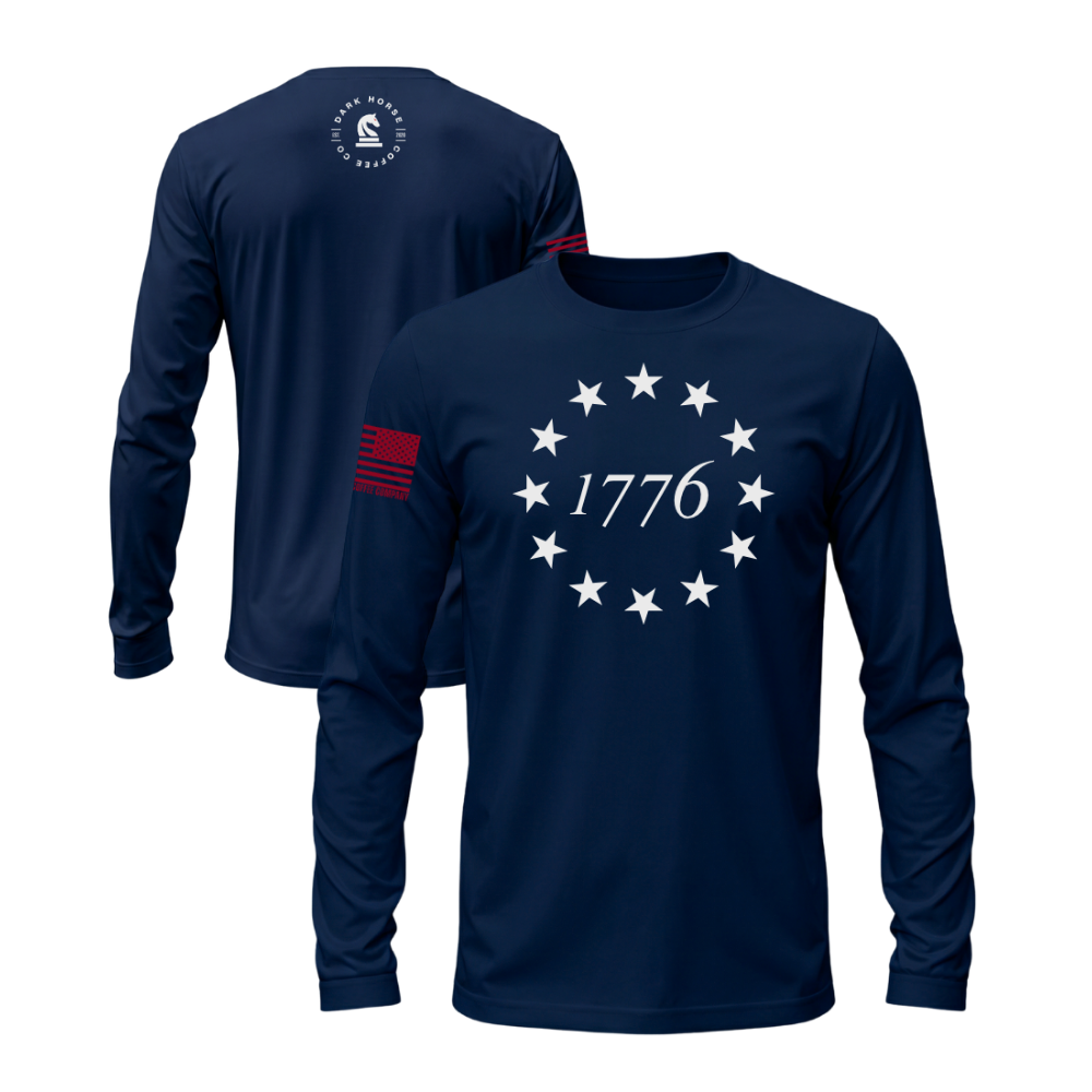 Heritage 1776 Midnight Navy long sleeve t-shirt featuring the Heritage 1776 design — designed and printed in Florida by an American-owned small business.