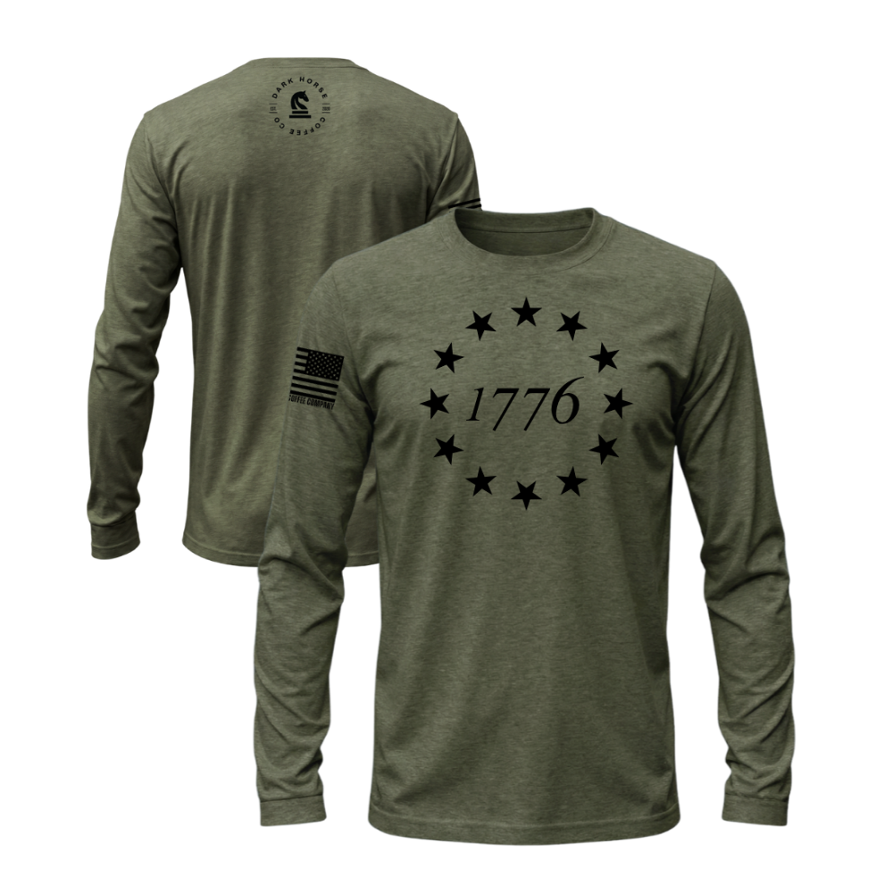Heritage 1776 Military Green long sleeve t-shirt featuring the Heritage 1776 design — designed and printed in Florida by an American-owned small business.