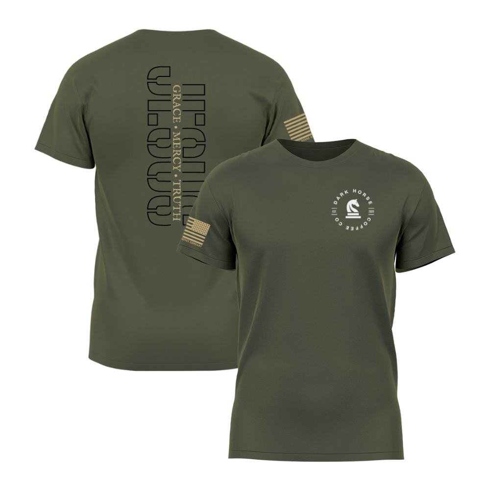 Dark Horse Coffee Company “Jesus Grace Mercy Truth” t-shirt in military green featuring vertical back graphic, flag sleeve print, and front logo.