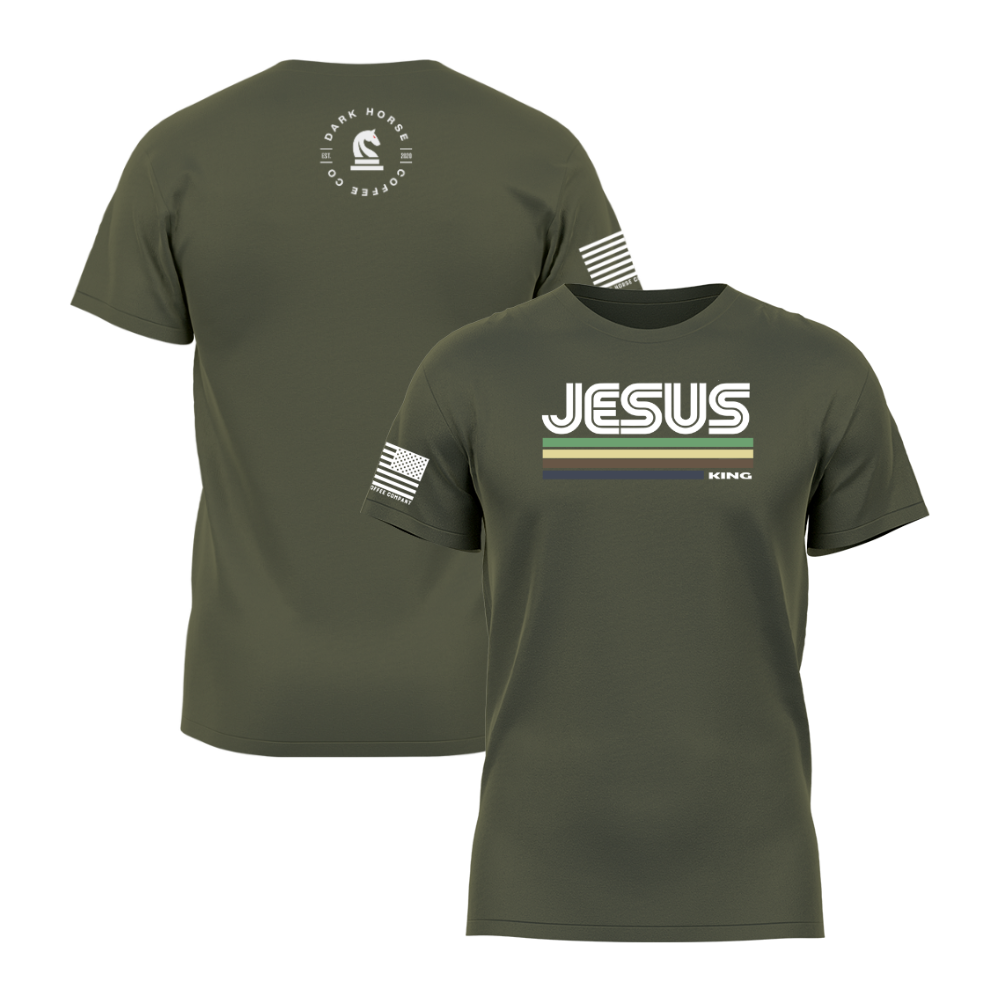 Dark Horse Coffee Company “Jesus King” t-shirt in military green featuring retro stripe graphic, American flag sleeve, and back logo.