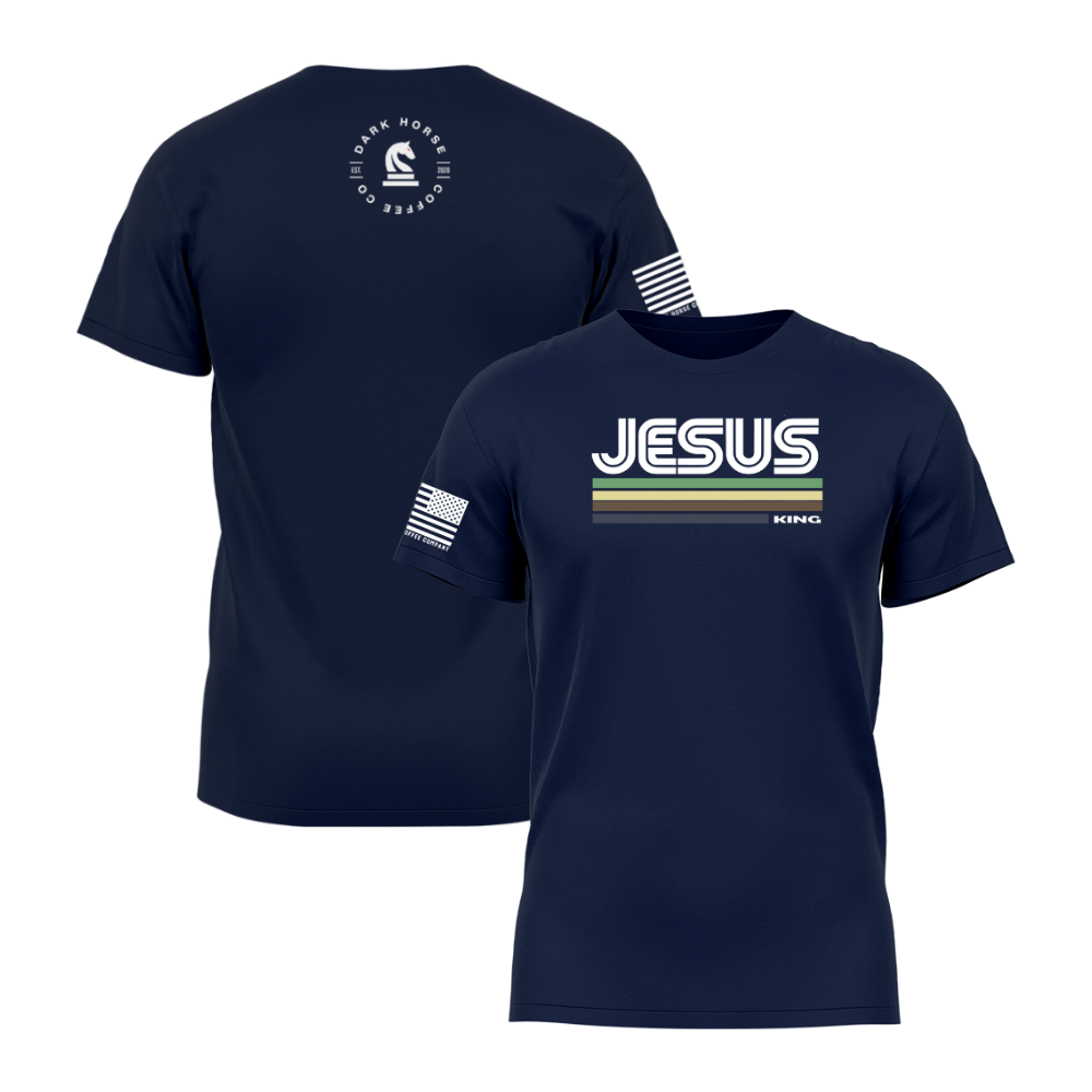 Dark Horse Coffee Company “Jesus King” t-shirt in navy with retro stripe design on the front, American flag sleeve print, and back logo.