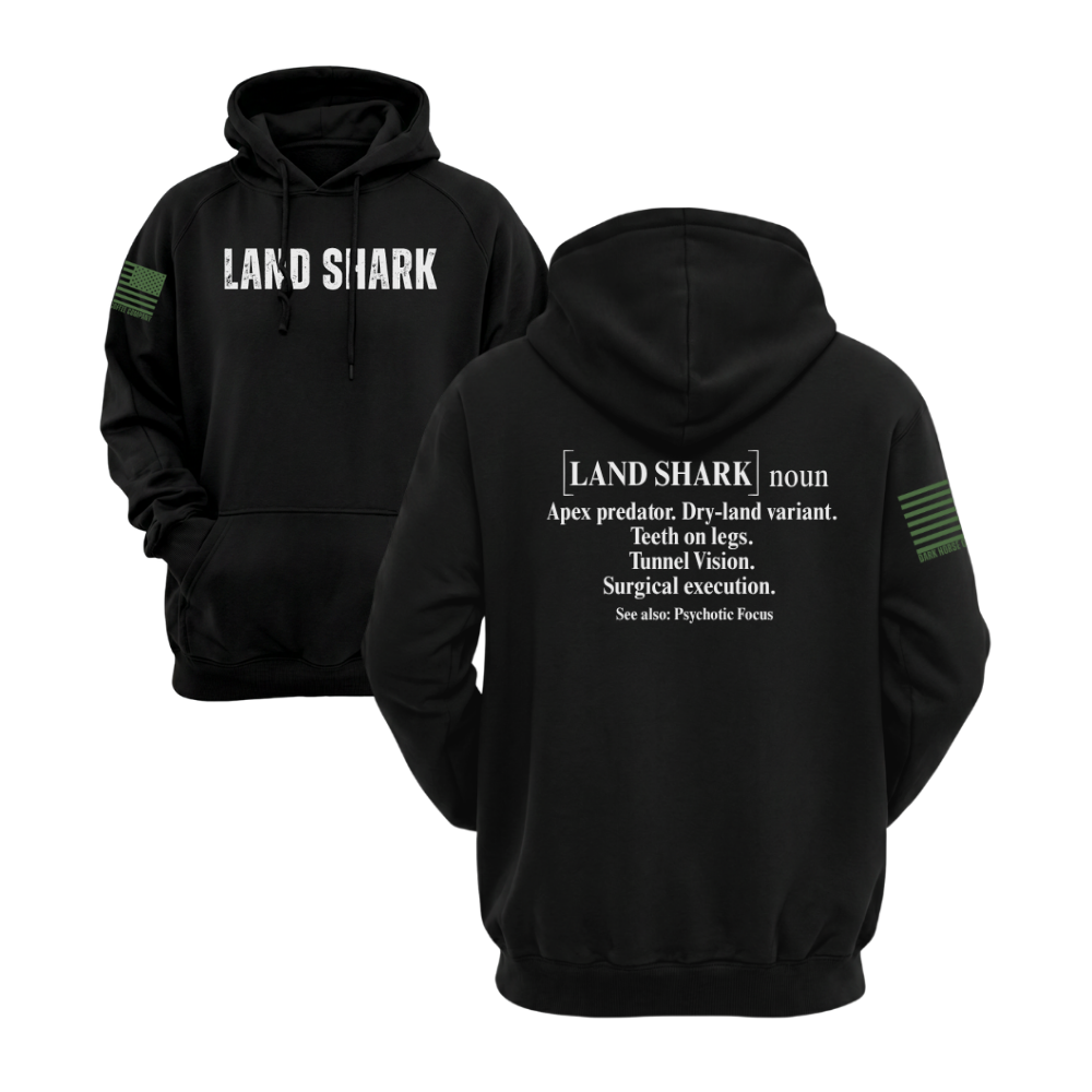 Land Shark Black pullover hoodie featuring the Land Shark design — heavyweight fleece, roomy hood, kangaroo pocket.