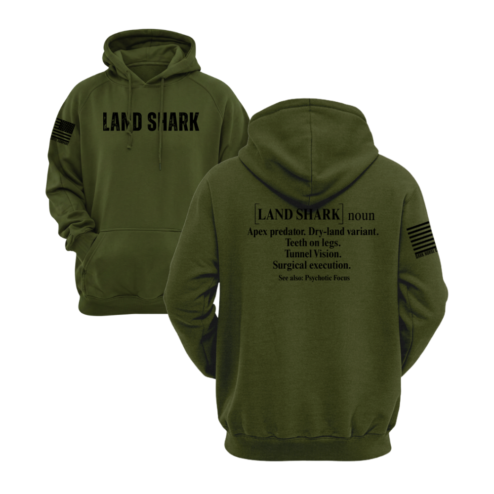 Land Shark Military Green pullover hoodie featuring the Land Shark design — heavyweight fleece, roomy hood, kangaroo pocket.