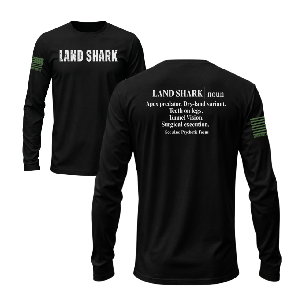 Land Shark Black long sleeve tee featuring the Land Shark design — built for cooler walks and layering.