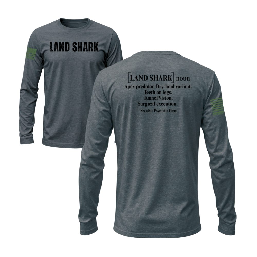 Land Shark Heather Metal long sleeve tee featuring the Land Shark design — built for cooler walks and layering.