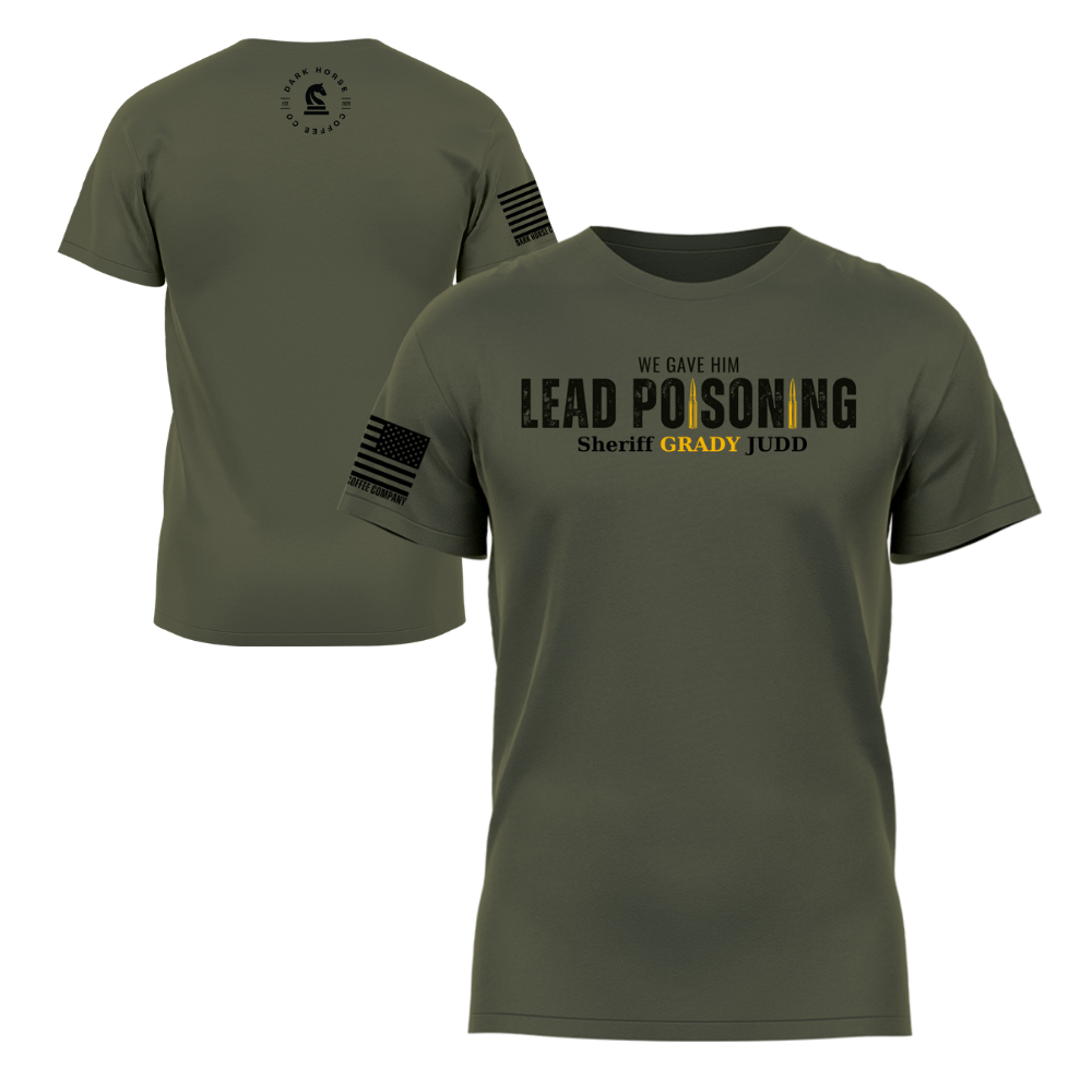 Lead Poisoning Military Green short sleeve t-shirt featuring the Lead Poisoning design — designed and printed in Florida by an American-owned small business.