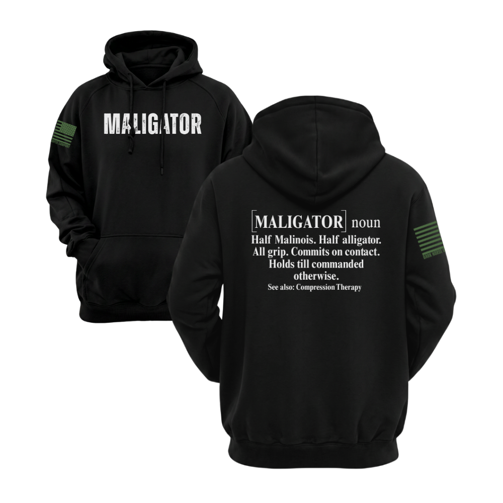 Maligator Black pullover hoodie featuring the Maligator design — heavyweight fleece, roomy hood, kangaroo pocket.