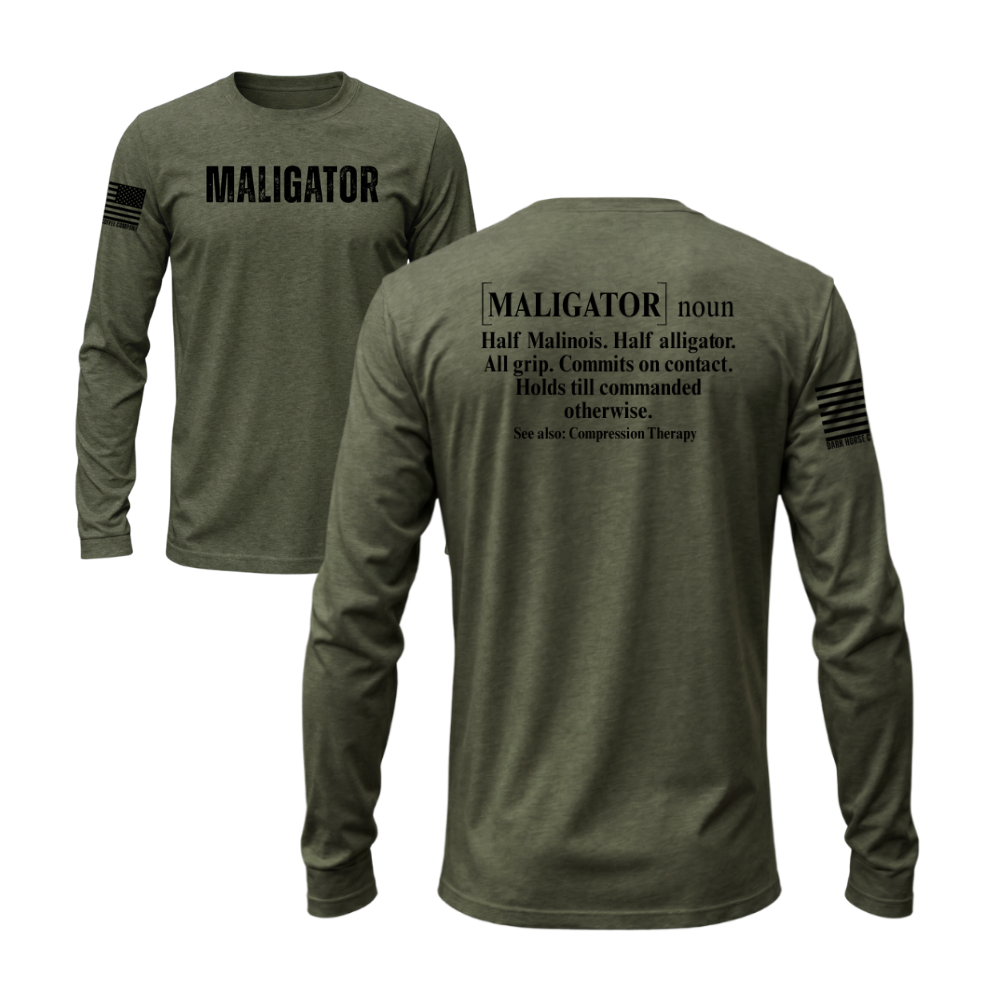 Maligator Military Green long sleeve tee featuring the Maligator design — built for cooler walks and layering.