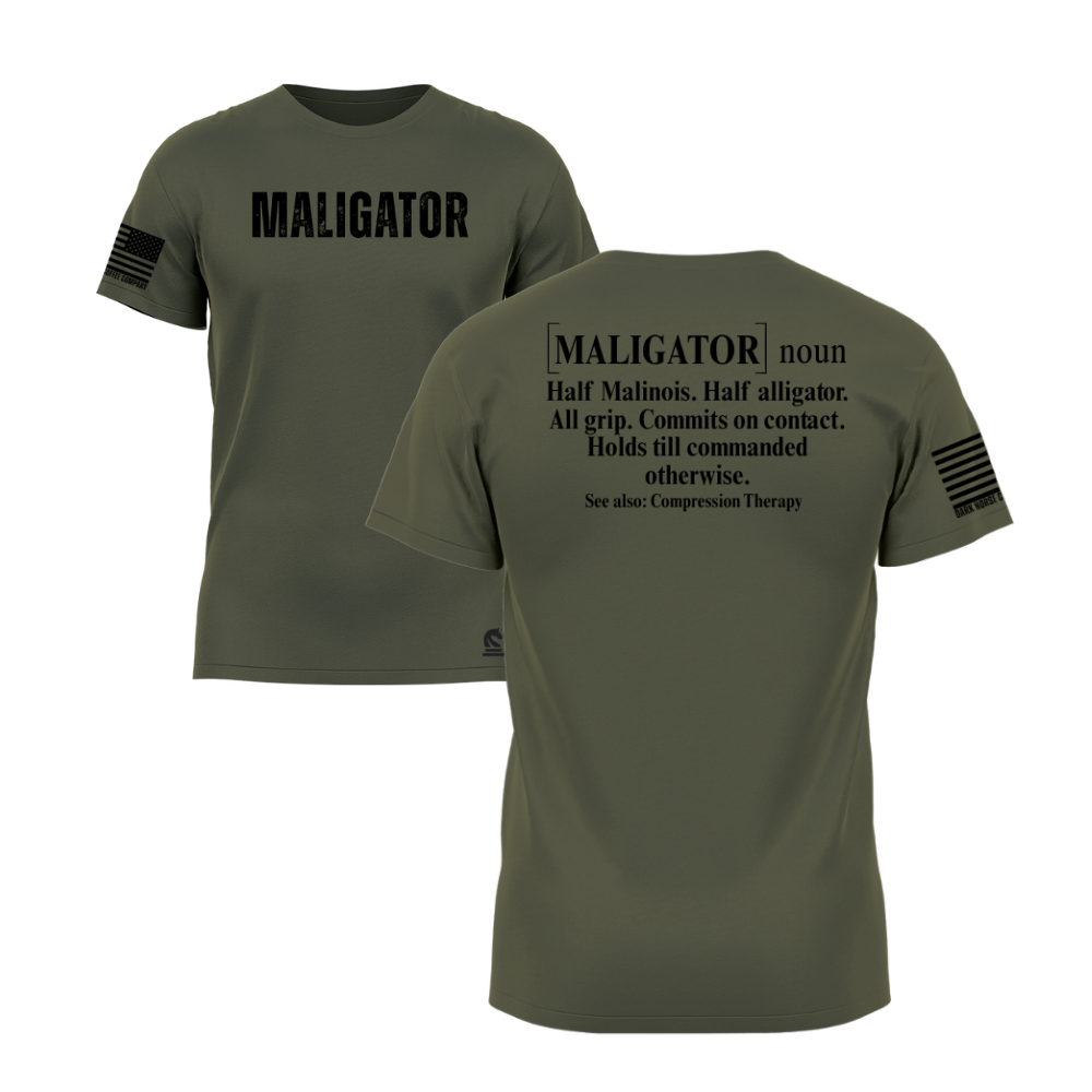 Maligator Military Green short sleeve tee featuring the Maligator design — a dog-lover statement piece for everyday wear.