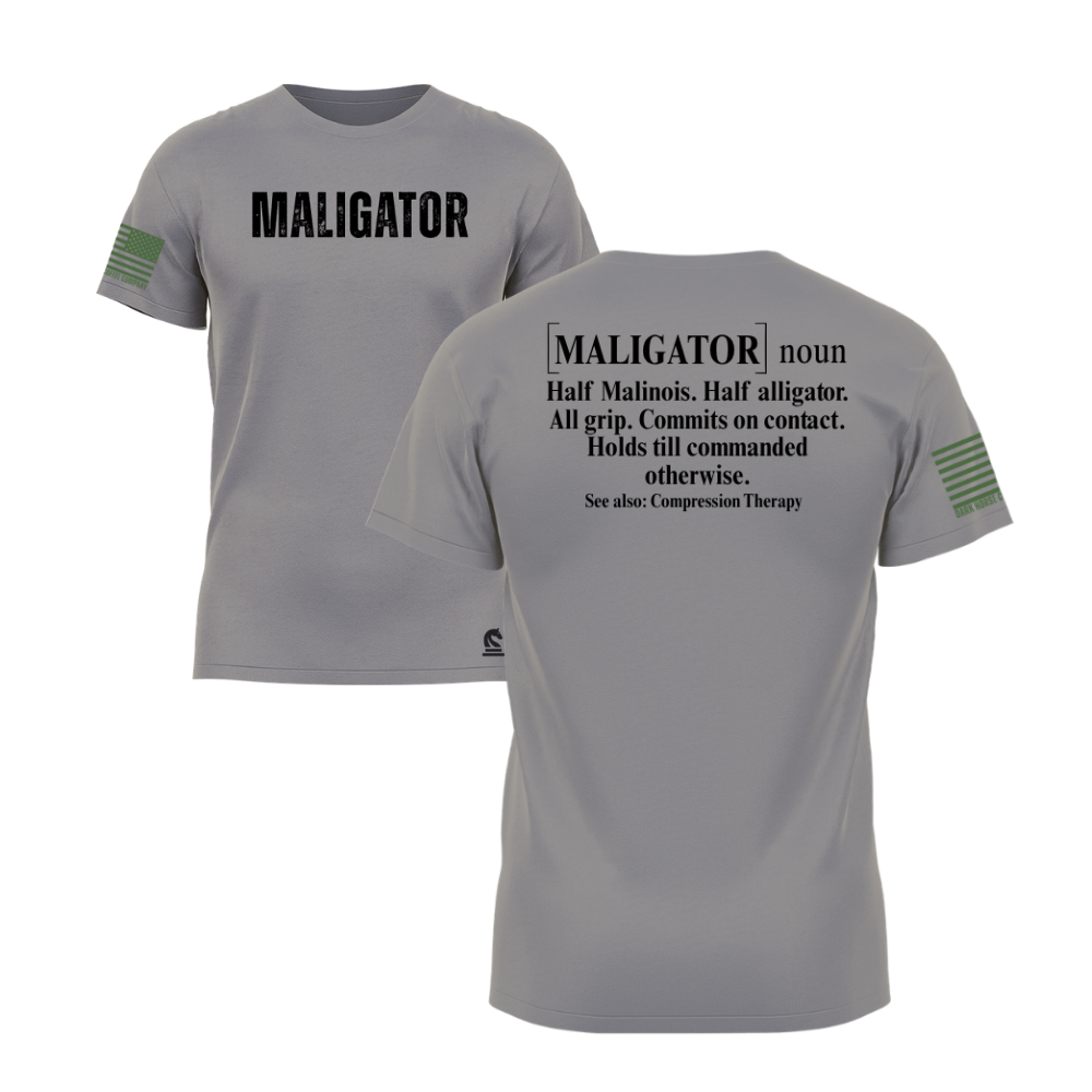 Maligator Warm Grey short sleeve tee featuring the Maligator design — a dog-lover statement piece for everyday wear.