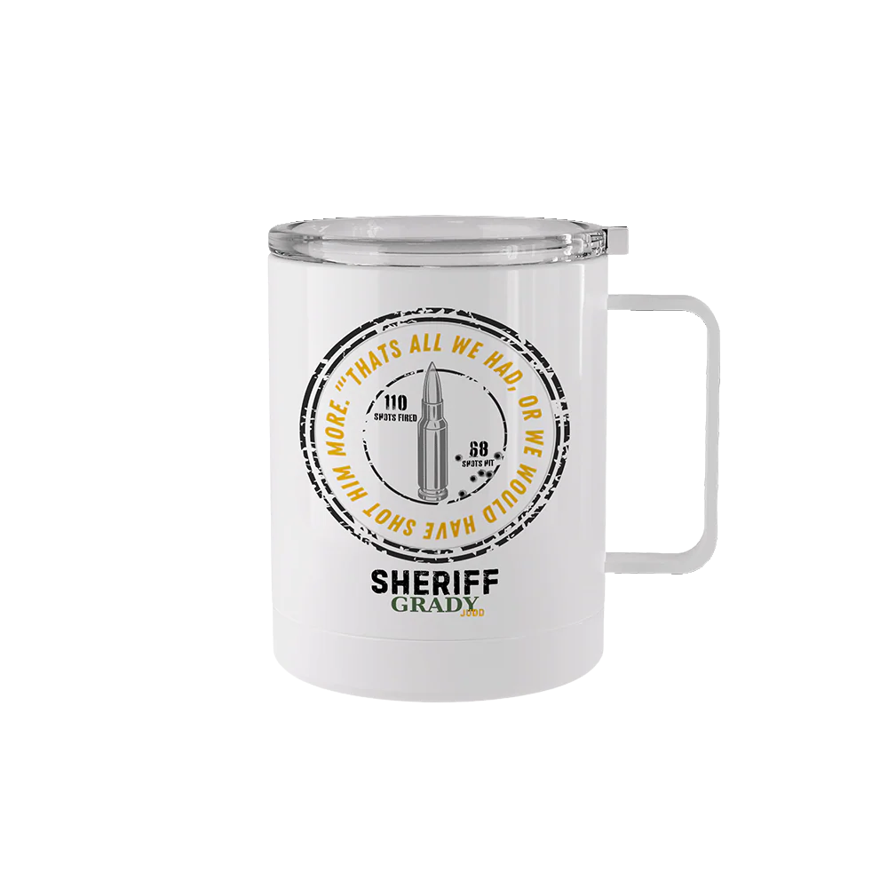 12 oz stainless steel Out of Bullets mug with handle honoring leadership