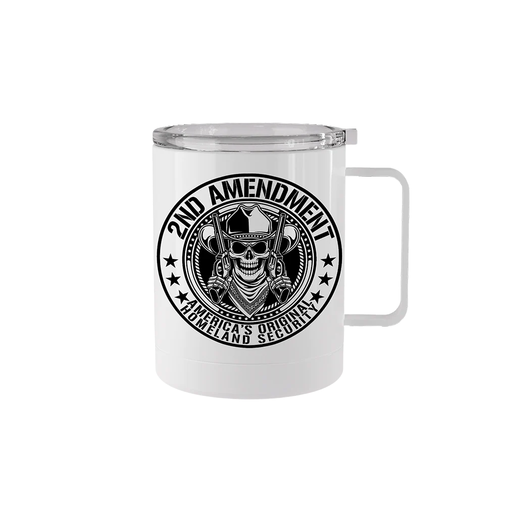 12 oz stainless steel 2A Homeland Security mug with handle and Second Amendment emblem