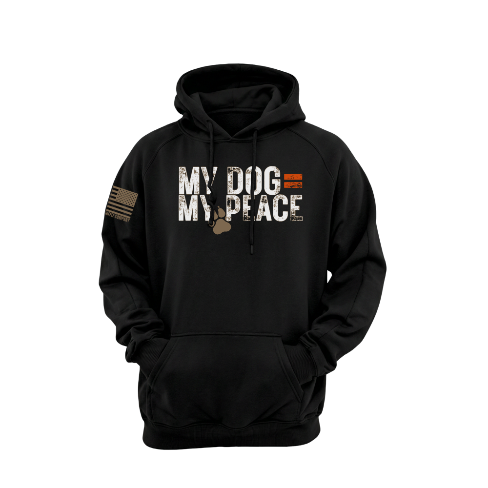 Black pullover hoodie featuring the My Dog = My Peace design — a heavyweight solid-black dog-lover hoodie with roomy hood and kangaroo pocket.