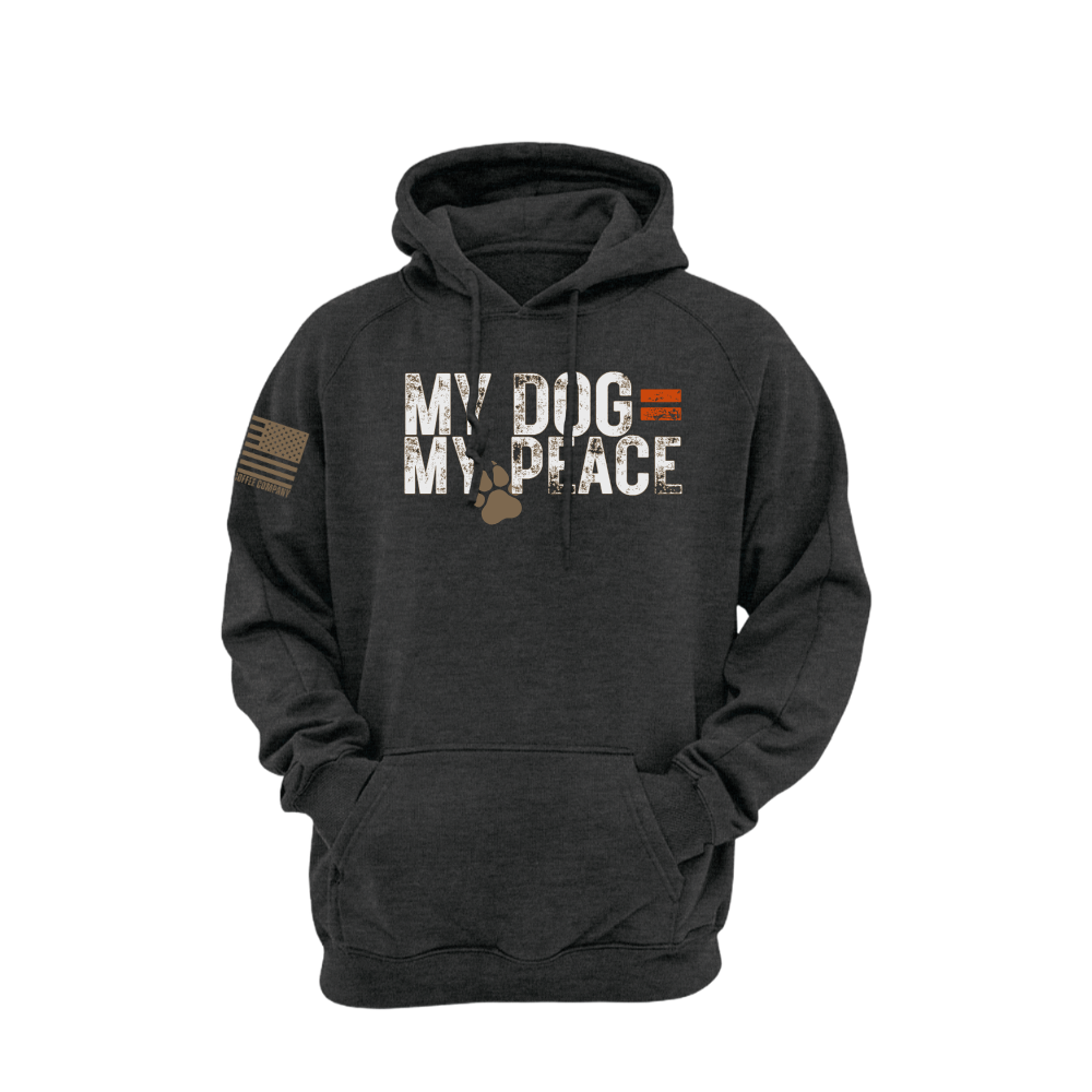 My Dog = My Peace Charcoal Heather pullover hoodie — designed and printed in Florida by an American-owned small business.