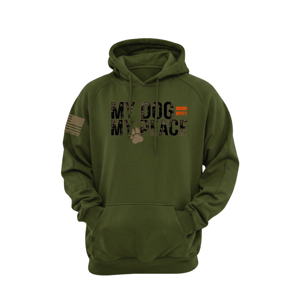 Military green pullover hoodie featuring the My Dog = My Peace design — a heavyweight olive-green dog-lover hoodie with roomy hood and kangaroo pocket.