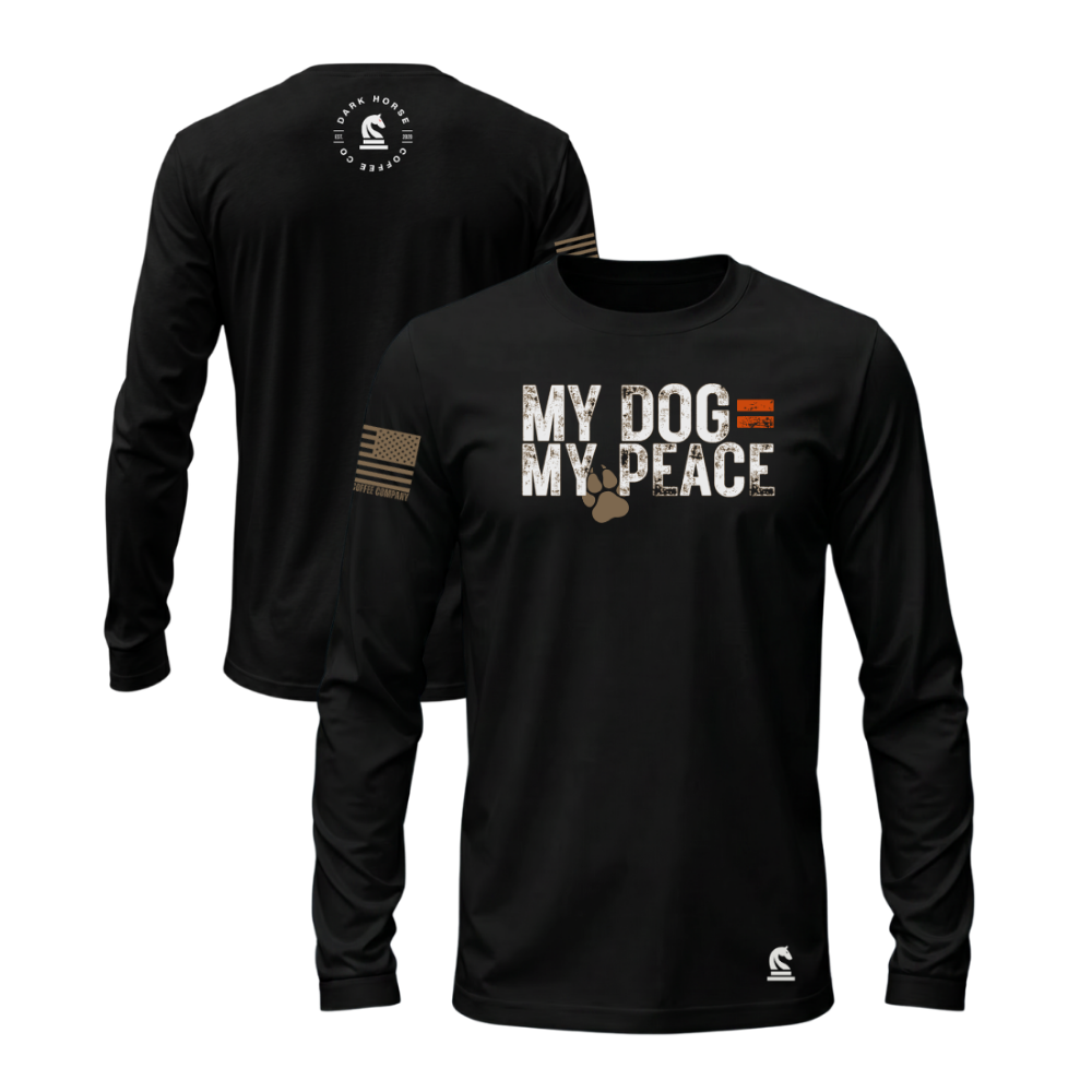 Black long sleeve t-shirt featuring the My Dog = My Peace design — a sharp, classic dog-lover long sleeve tee in solid black.