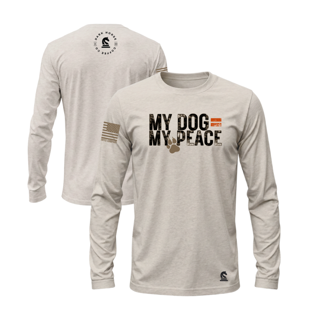 Light grey long sleeve t-shirt featuring the My Dog = My Peace design — a soft heather long sleeve for everyday dog-lover wear.